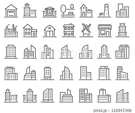 Building line icons. Architecture urban buildings residential, commercial, industrial and public houses. Skyscraper house, townhouse. Hospital, church and factory, warehouse vector thin structures Building line icons. Architecture urban buildings residential, commercial, industrial and public houses. Skyscraper house, townhouse. Hospital, church and factory, warehouse vector thin structures 120845366