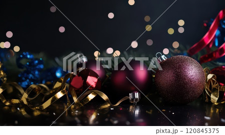 Christmas decorations with ornaments and ribbons 120845375