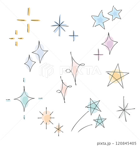 水彩風な手書きのキラキラのイラスト カラフルな星や光のイラスト素材