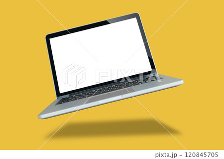 Laptop with blank screen isolated on yellow background Laptop with blank screen isolated on yellow background 120845705