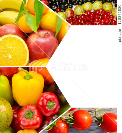 Set of vegetables and fruits. There is free space for text. Collage. 120845880