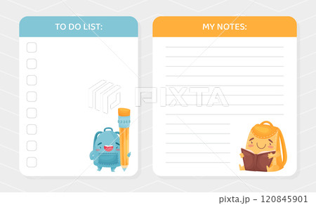 Note Card with Funny School Bag with Smiling Face Vector Template 120845901