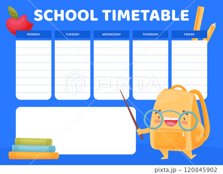 Timetable with Funny School Bag with Smiling Face Vector Template Timetable with Funny School Bag with Smiling Face Vector Template 120845902