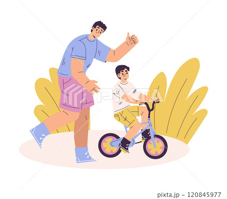 Boy Character Learn Ride Bicycle with His Dad Have Schedule and Daily Routine Activity Vector Illustration 120845977