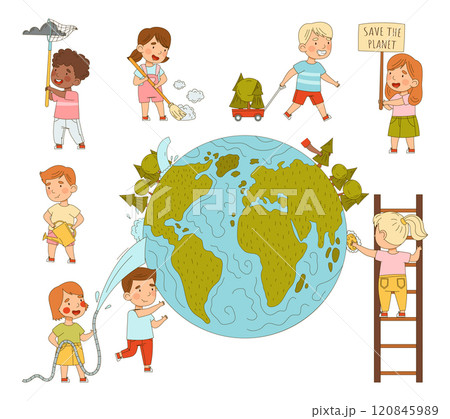 Children Save Planet Clean Earth Globe Vector Set 120845989