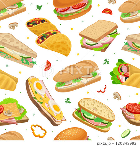 Delicious Sandwich with Different Ingredient Seamless Pattern Design Vector Template 120845992