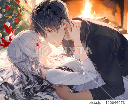 クリスマスをひっそりと過ごすカップル。アルビノの少女と碧眼の青年の聖夜。日本のアニメ風のAIイラスト 120846078