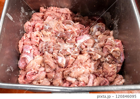Fresh meat pieces processing in food factory machine 120846095