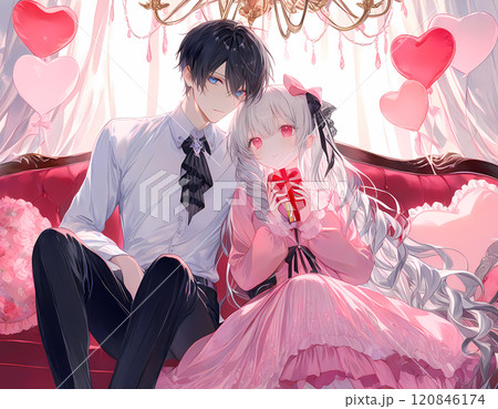 アンティークなカウチソファに座るアルビノの少女と碧眼の青年。日本のアニメ風のAIイラスト 120846174