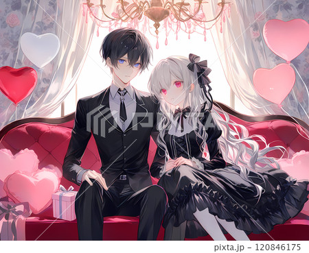 アンティークなカウチソファに座るアルビノの少女と碧眼の青年。日本のアニメ風のAIイラスト 120846175