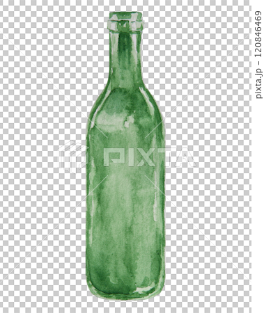 Watercolor illustration of a green glass beer bottle with a simple design. Isolated, hand drawn clipart with detailed shading and texture for eco themed designs, beverage branding, kitchen decor 120846469