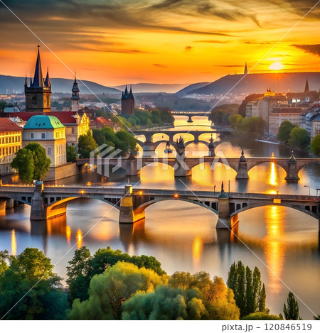 Stunning Prague bridges and river at sunset. Stunning Prague bridges and river at sunset. 120846519