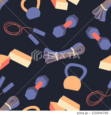Fitness equipment vector seamless pattern. Sport tools for gym workout and yoga exercises on dark background. Colorful kettlebells, dumbbell, resistance band, jump rope, yoga bricks repeated design 120846796