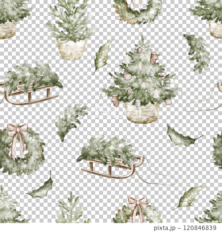 Seamless watercolor pattern of Christmas trees. Hand-drawn fir and spruce elements on a festive winter backdrop. Perfect illustration for holiday wrapping paper or textile designs. 120846839