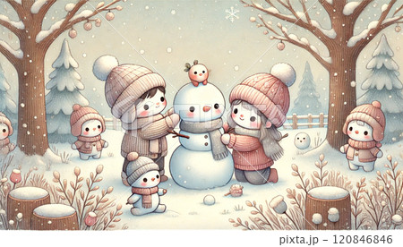 子供たちが雪だるまを作りながら冬の森で楽しいひとときを過ごす心温まるシーン 120846846