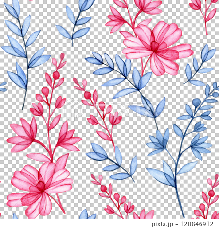 watercolor seamless pattern of transparent wildflowers, x-ray. elegant pink and blue print 120846912