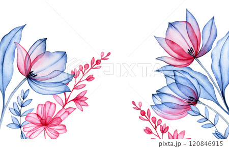 watercolor border of transparent tulips and wildflowers, x-ray. elegant pink and blue frame watercolor border of transparent tulips and wildflowers, x-ray. elegant pink and blue frame 120846915