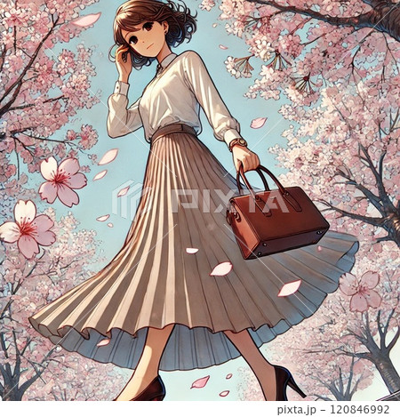 桜が散る中を歩く少女 120846992