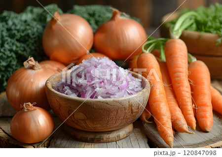 Fresh Vegetables for Cooking: Chopped Onions, Whole Carrots, and Leafy Kale on Wooden Table Generative AI 120847098