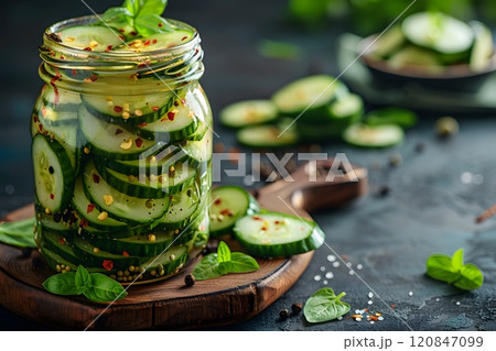 Homemade Pickled Cucumbers in a Jar with Fresh Herbs and Spices Generative AI 120847099