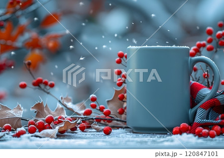 Cozy Winter Scene with Hot Beverage and Red Berries for Holiday Atmosphere Generative AI 120847101