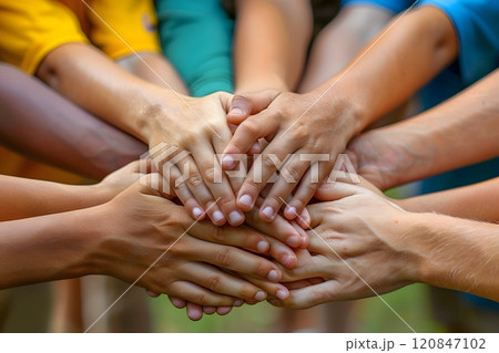 Unity and Teamwork: Close-Up of Diverse Hands Stacked Together in Solidarity Generative AI 120847102
