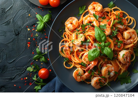 Gourmet Shrimp Spaghetti with Fresh Basil and Cherry Tomatoes - Perfect for Culinary Photography and Recipe Content Generative AI 120847104