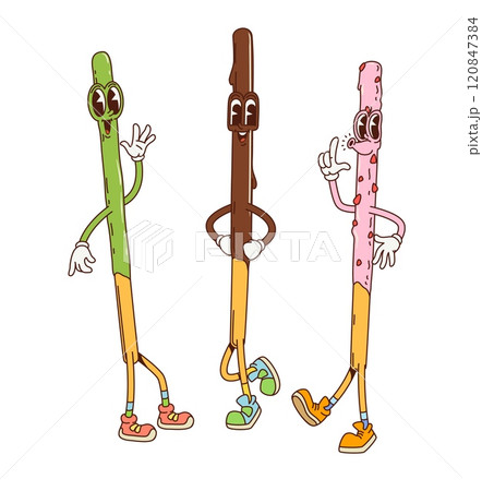 Retro cartoon groovy Japanese pocky dessert characters, vector funny sweet pastry. Groovy funky biscuit sticks or Japanese sweet food snacks with silly smiles on faces and quirky whistling or singing 120847384