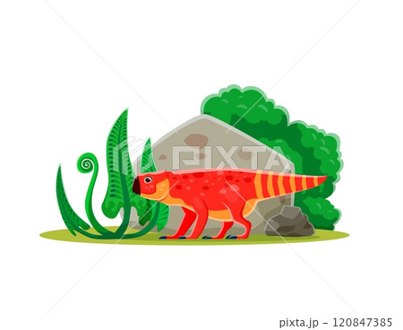 Prehistoric Bagaceraptor dinosaur funny character. Paleontology dinosaur, prehistoric lizard or extinct animal cute cartoon vector personage. Jurassic era reptile childish character or isolated mascot 120847385