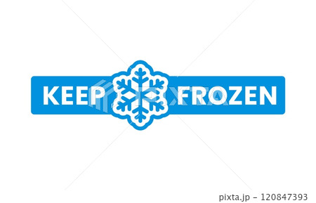 Keep frozen blue icon, cold product label. Deep freezing food product, keep cold vector label, refrigerated fish, frozen meat or seafood packaging tag or icon with blue snowflake Keep frozen blue icon, cold product label. Deep freezing food product, keep cold vector label, refrigerated fish, frozen meat or seafood packaging tag or icon with blue snowflake 120847393