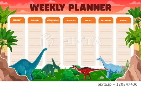 Weekly planner schedule, cartoon funny prehistoric dinosaurs in jungle forest vector background frame. Daily schedule, week calendar or planner, cute brontosaurus, chasmosaurus and carnotaurus dinos 120847430