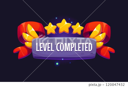 Level completed game asset icon, level up badge. Vector ui or gui interface element, reward popup golden stars with wings and red banner. Award bonus for mobile app, video or online game competition 120847432