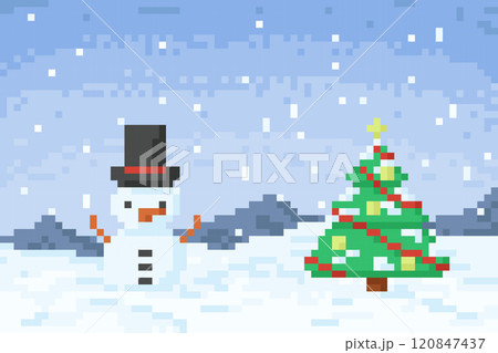 Snowman and Chrismas tree with snowy background in 8 bit style. For Christmas 120847437