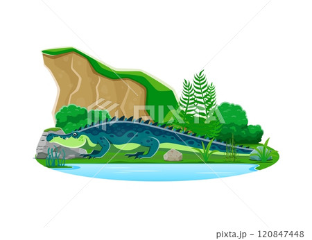 Sarcosuchus prehistoric dinosaur cartoon character. Isolated vector extinct genus of giant crocodyliform. Carnivorous dino lived during early cretaceous period standing prehistoric nature landscape 120847448