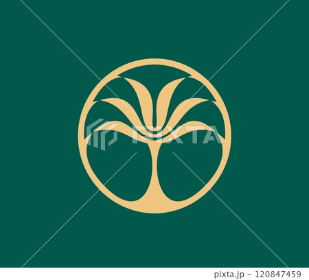 Tropical summer tropical palm beach tree icon. Vector golden palm tree plant inside of circle on a dark green background, symbolizing growth, nature, summer beach vacation and exotic travel recreation 120847459