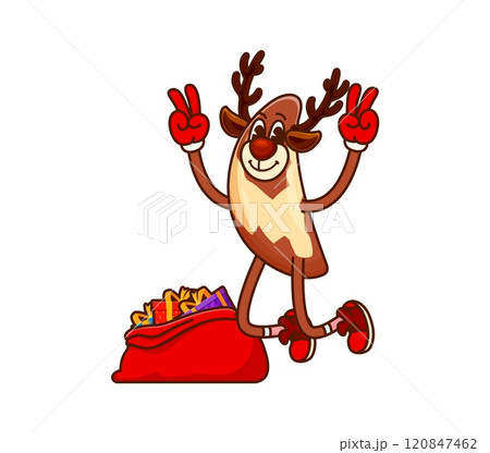Christmas Brazilian nut groovy character dressed as reindeer joyfully strikes peace sign pose next to a vibrant gift bag. Isolated vector cheerful retro snack personage captures festive holiday cheer 120847462