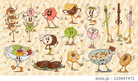 Cartoon retro groovy asian sweets and desserts characters, vector snack food. Hippie psychedelic japanese wagashi sweets personages. Cute groovy rice cake mochi, matcha ice cream, anmitsu, jelly yokan 120847472