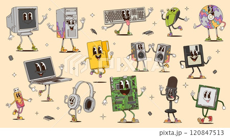 Cartoon groovy computer devices, retro characters of pc gadgets and laptop electronic equipment. Vector psychedelic desktop computer keyboard , groovy monitor, usb, mouse and microphone personages Cartoon groovy computer devices, retro characters of pc gadgets and laptop electronic equipment. Vector psychedelic desktop computer keyboard , groovy monitor, usb, mouse and microphone personages 120847513