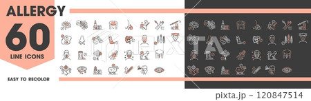 Allergy icons of asthma, fever or rhinitis as allergic symptoms or medical symbols, line vector. Allergy icons of allergens in food or pollen dust, eye itching symptoms, allergy tests and treatment Allergy icons of asthma, fever or rhinitis as allergic symptoms or medical symbols, line vector. Allergy icons of allergens in food or pollen dust, eye itching symptoms, allergy tests and treatment 120847514