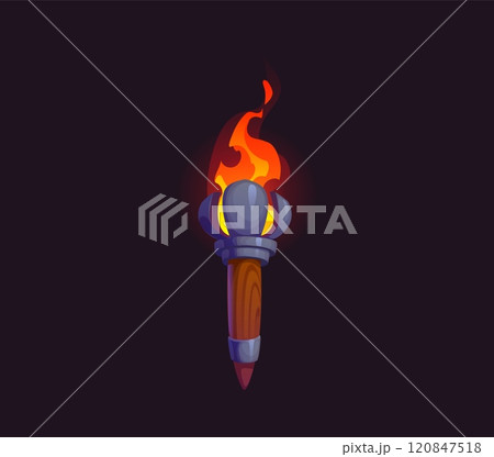Torch, Medieval game cartoon fire light or ancient torchlight, vector GUI asset. Medieval castle dungeon or pirate torch with burning fire flame on wooden handle for fantasy adventure of arcade game 120847518