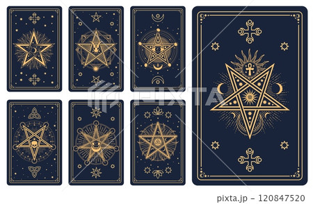 Tarot cards with occult symbols, Sun, Moon and stars vector line pattern. Magic, mystic and esoteric tarot cards deck, outline gold skull, eye of providence, alchemy pentagrams and sacred ankh symbols 120847520