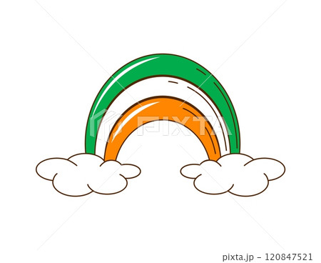 Cartoon retro groovy rainbow, saint Patrick day holiday symbol. Isolated vector irish vibrant rainbow with clouds and colors of national flag. Ireland sign of celebration, hope, luck and festivities Cartoon retro groovy rainbow, saint Patrick day holiday symbol. Isolated vector irish vibrant rainbow with clouds and colors of national flag. Ireland sign of celebration, hope, luck and festivities 120847521