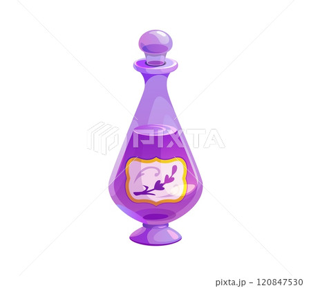 Cartoon glass flask with lavender flowers cosmetics and oil. Isolated vector whimsical and mystical potion bottle, sophisticated vial with purple liquid content, hinting at magical or therapeutic uses Cartoon glass flask with lavender flowers cosmetics and oil. Isolated vector whimsical and mystical potion bottle, sophisticated vial with purple liquid content, hinting at magical or therapeutic uses 120847530