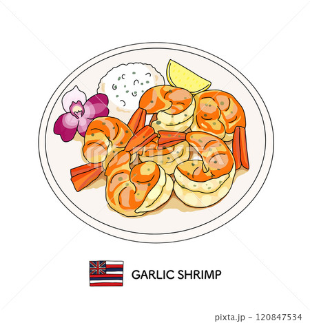 ハワイ料理_ガーリックシュリンプの線画のイラスト ハワイ料理_ガーリックシュリンプの線画のイラスト 120847534