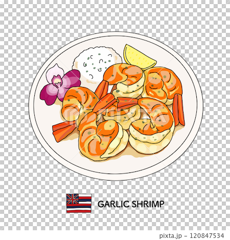 ハワイ料理_ガーリックシュリンプの線画のイラスト ハワイ料理_ガーリックシュリンプの線画のイラスト 120847534