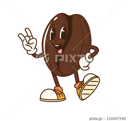Cartoon groovy coffee bean character with funny face, vector retro emoji. Groovy coffee bean with happy smile and cool fingers gesture in good vibes in hipster shoes for coffee retro cartoon character 120847546