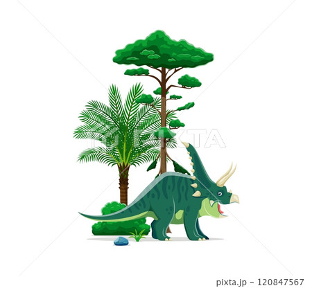 Chasmosaurus prehistoric dinosaur character. Isolated cartoon vector triceratops like dino with green spotted skin and horns, stands at lush Jurassic era landscape with trees, rocks and green bushes 120847567
