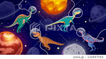 Dinosaur astronauts in space vector background with cartoon prehistoric dino animals characters, universe galaxy planets and stars. Funny tyrannosaurus, lambeosaurus, alectrosaurus in spaceman helmets 120847568