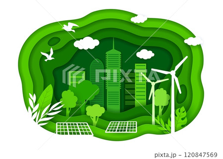 Paper cut eco city, environment, ecology and green energy vector concept. Eco friendly city buildings with green trees, wind turbines and solar panels in 3d paper cut frame with wavy layered borders 120847569