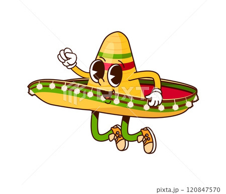 Mexican sombrero hat cute groovy character. Hispanic culture charro cowboy outfit or Mexican headwear cartoon isolated vector mascot. Mexico mariachi musician sombrero hat jumping groovy character 120847570
